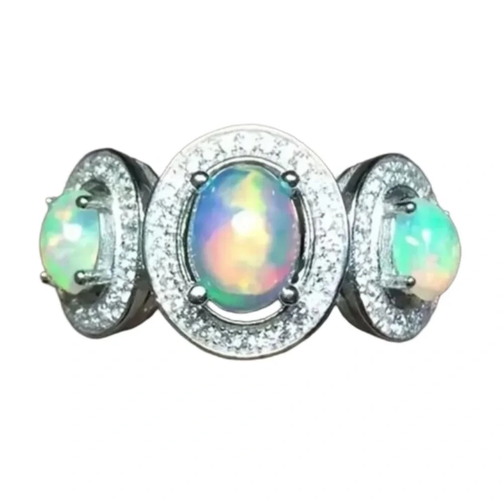 Vintage Lab Created 3 moonstone ladies ring sz 8